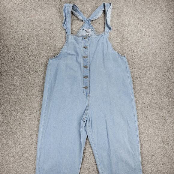 Polagram Overall Button Up Denim Jumpsuit Womens L Blue Light Wash Ruffle Straps - Picture 14 of 16